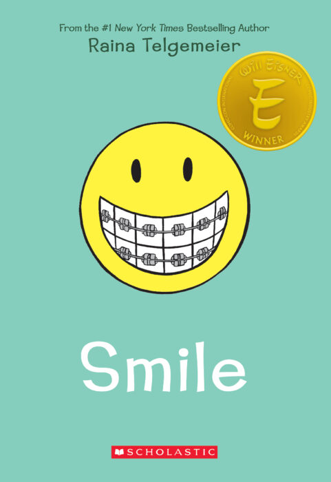 Smile book cover with a yellow smiling emoji wearing braces