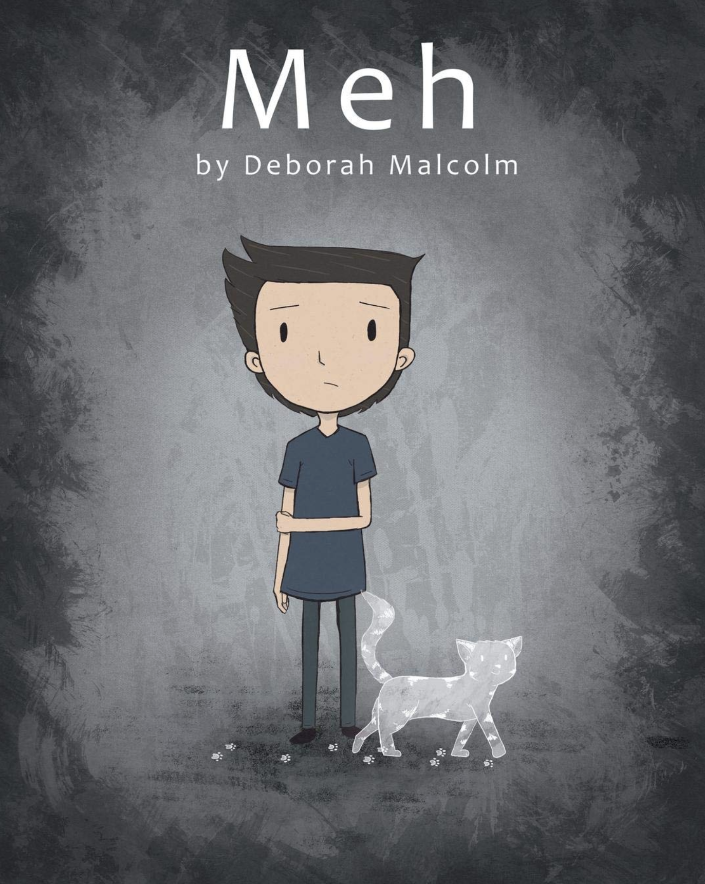 Book cover image of Meh, a young boy standing next to a cat at his feet with a dark gray background