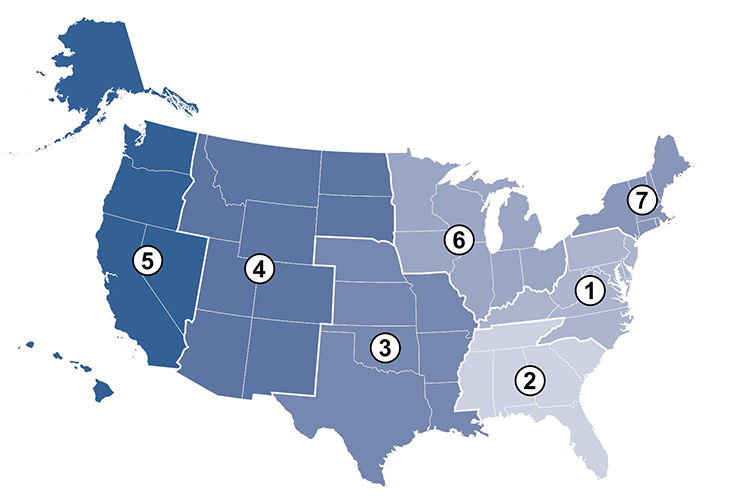 Map of the United States with location markers for the seven NNLM Regional Medical Libraries