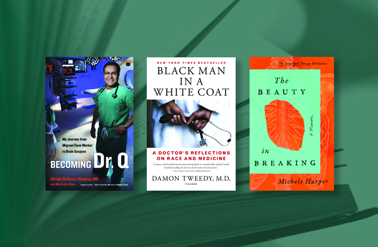 Three book cover images: Becoming Dr Q, Black Man in a White Coat, Becoming Broken